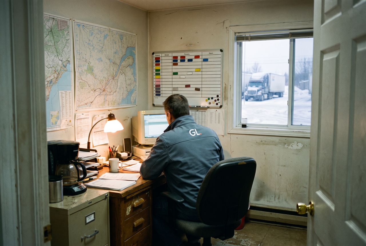 Petit bureau de répartition : cartes routières, tableau magnétique et camion visible par la fenêtre