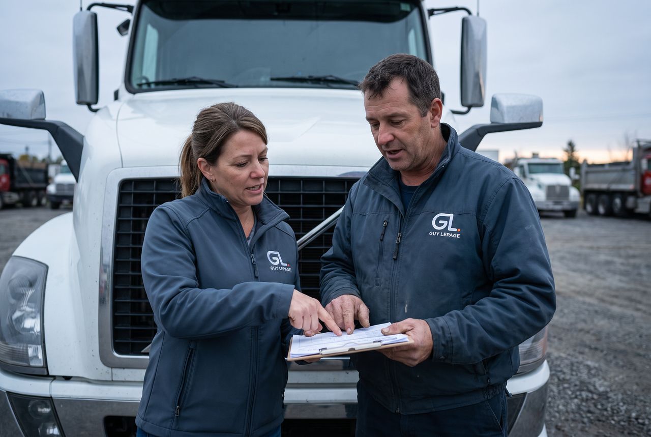 Deux chauffeurs vérifient un connaissement sur une planchette devant l'avant d'un tracteur